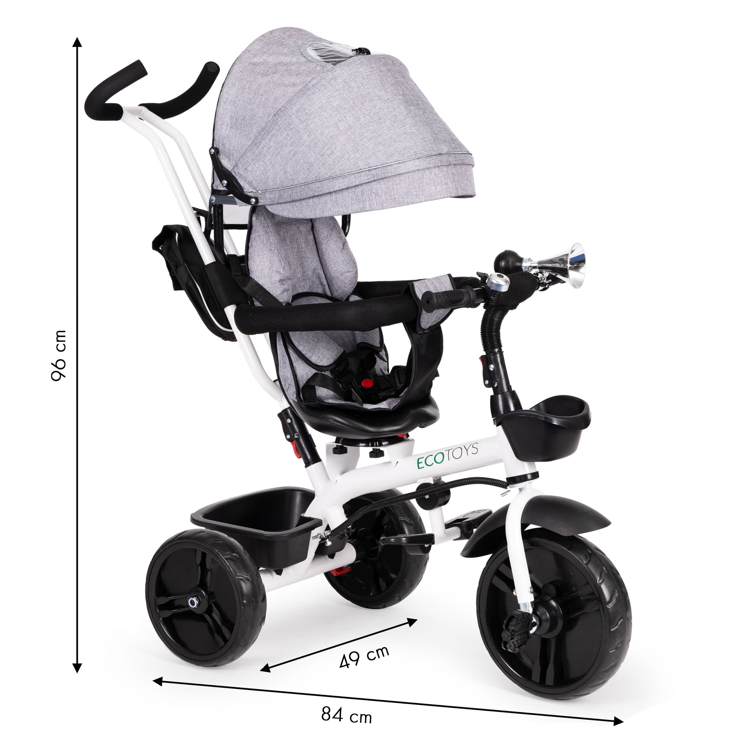 Rowerek trójkołowy obrotowy 360° szary z daszkiem