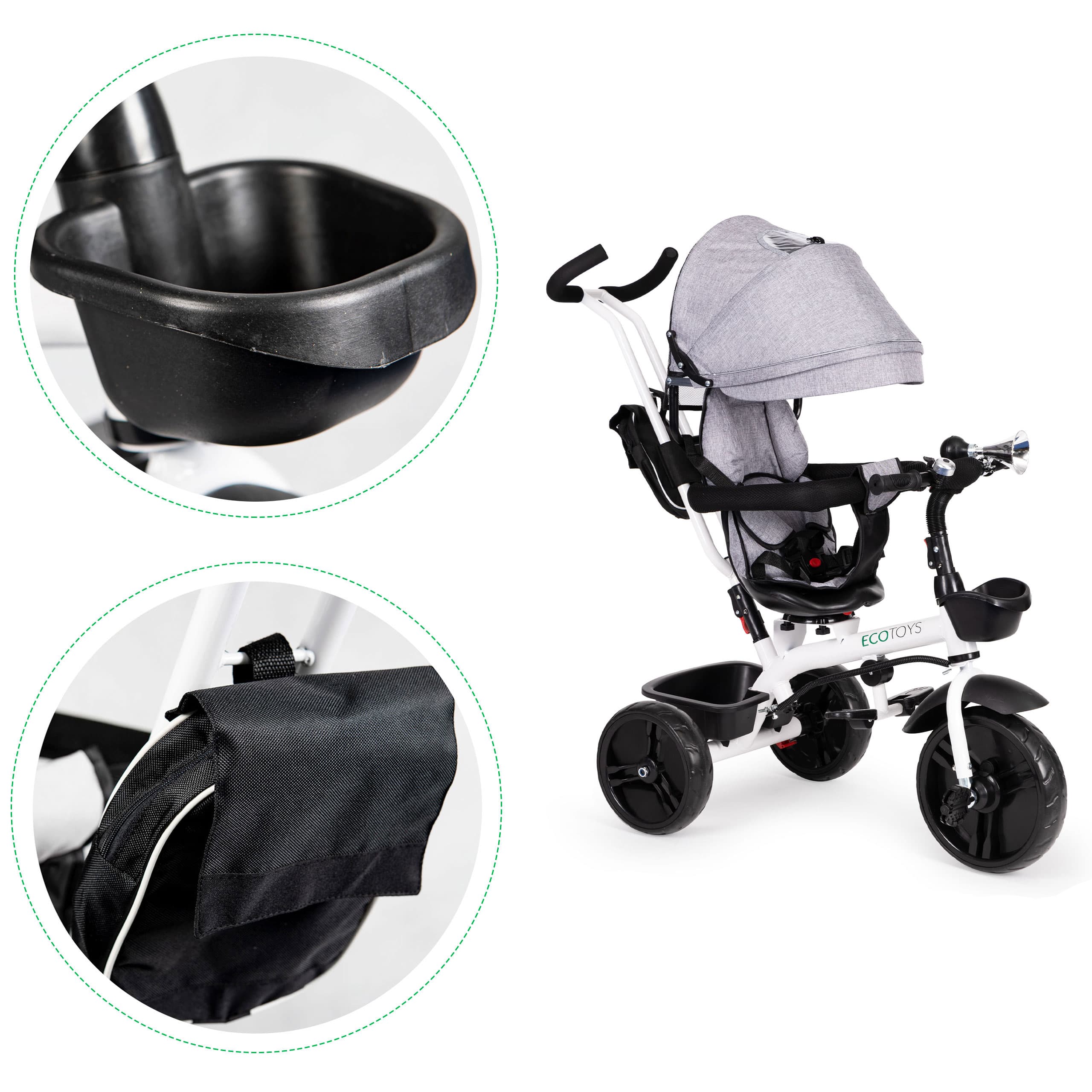 Rowerek trójkołowy obrotowy 360° szary z daszkiem