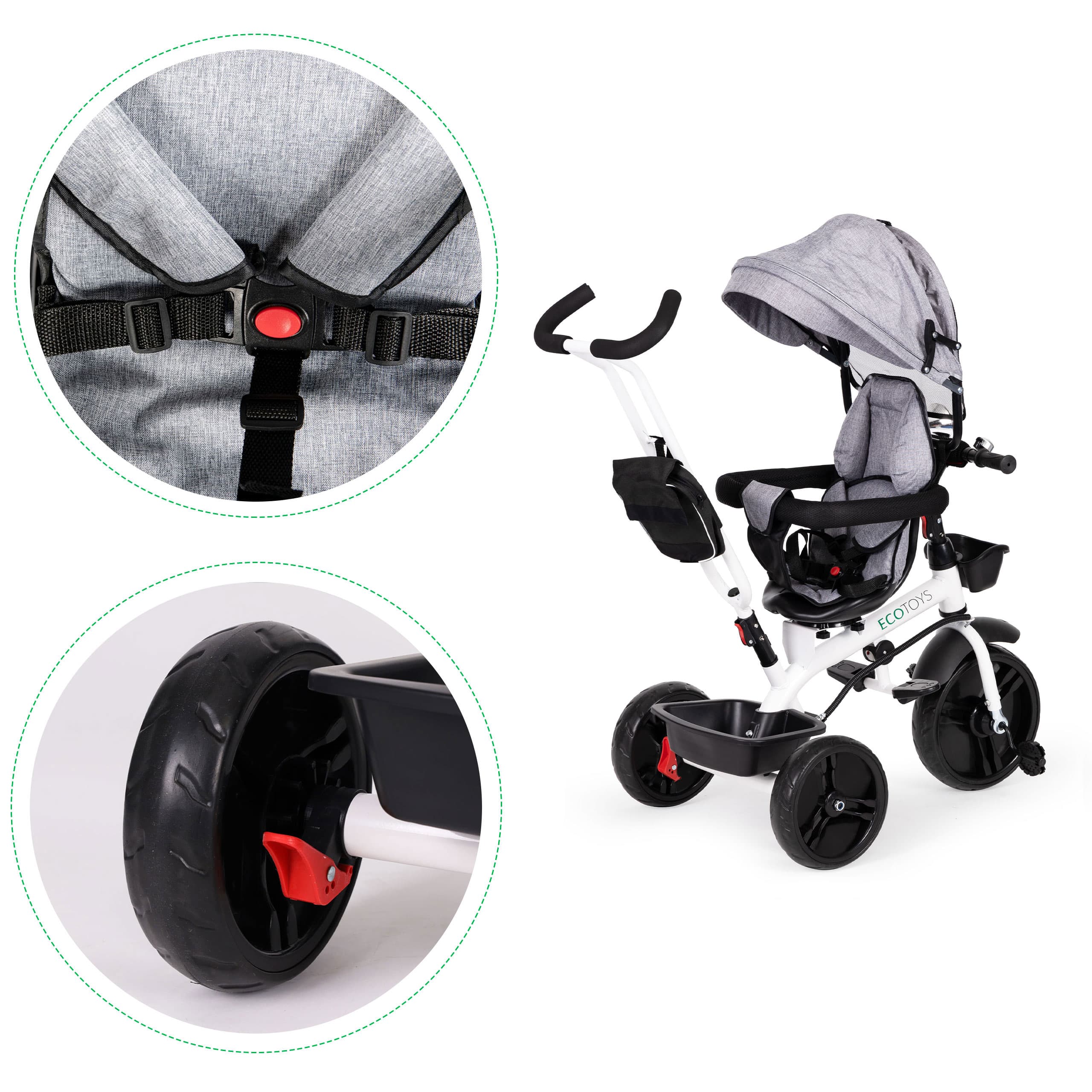 Rowerek trójkołowy obrotowy 360° szary z daszkiem