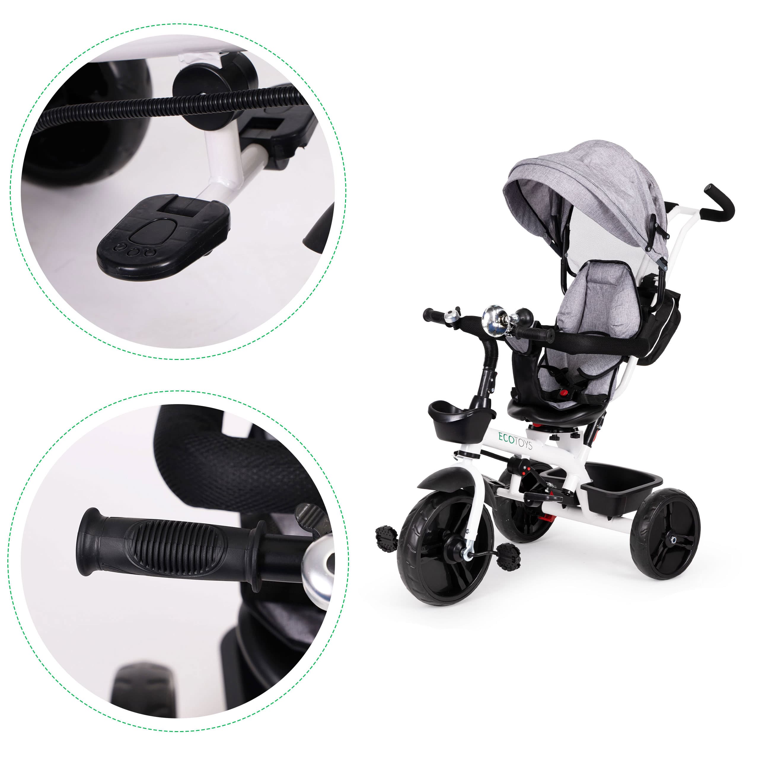 Rowerek trójkołowy obrotowy 360° szary z daszkiem