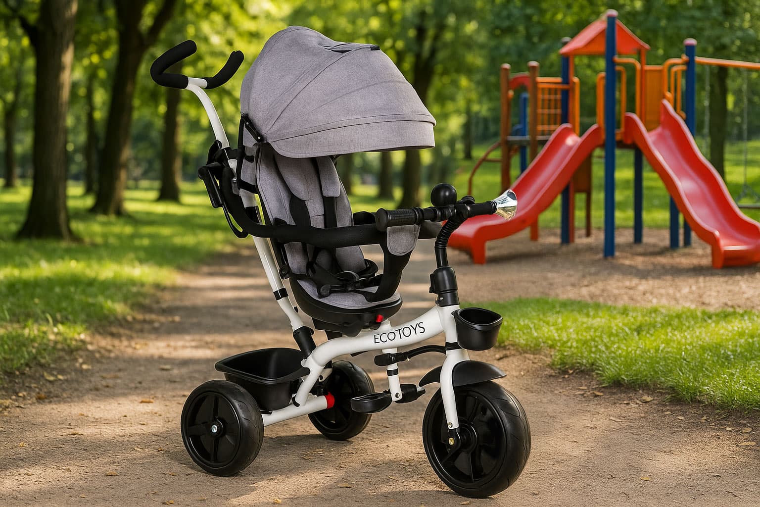 Rowerek trójkołowy obrotowy 360° szary z daszkiem