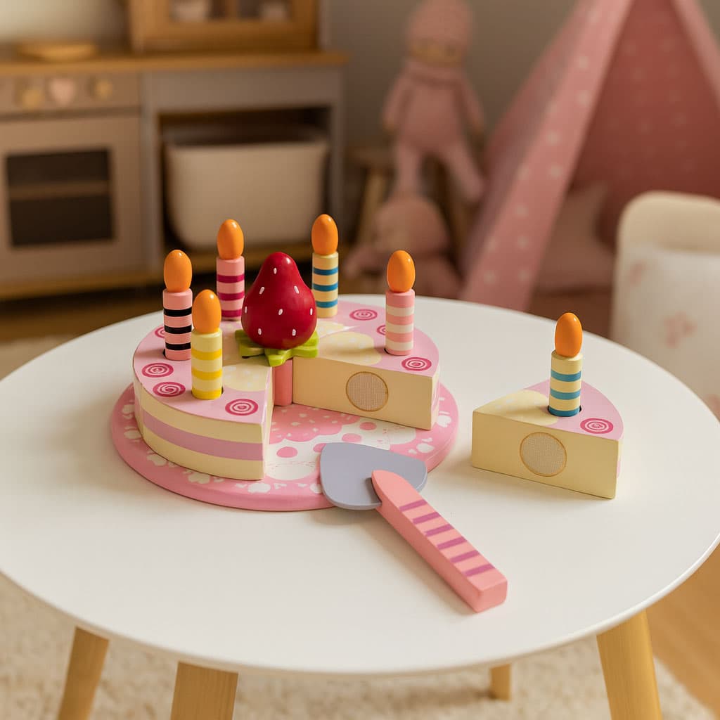 Zestaw drewniany tort na rzepy świeczki owoce dla dzieci 16 elementów ECOTOYS