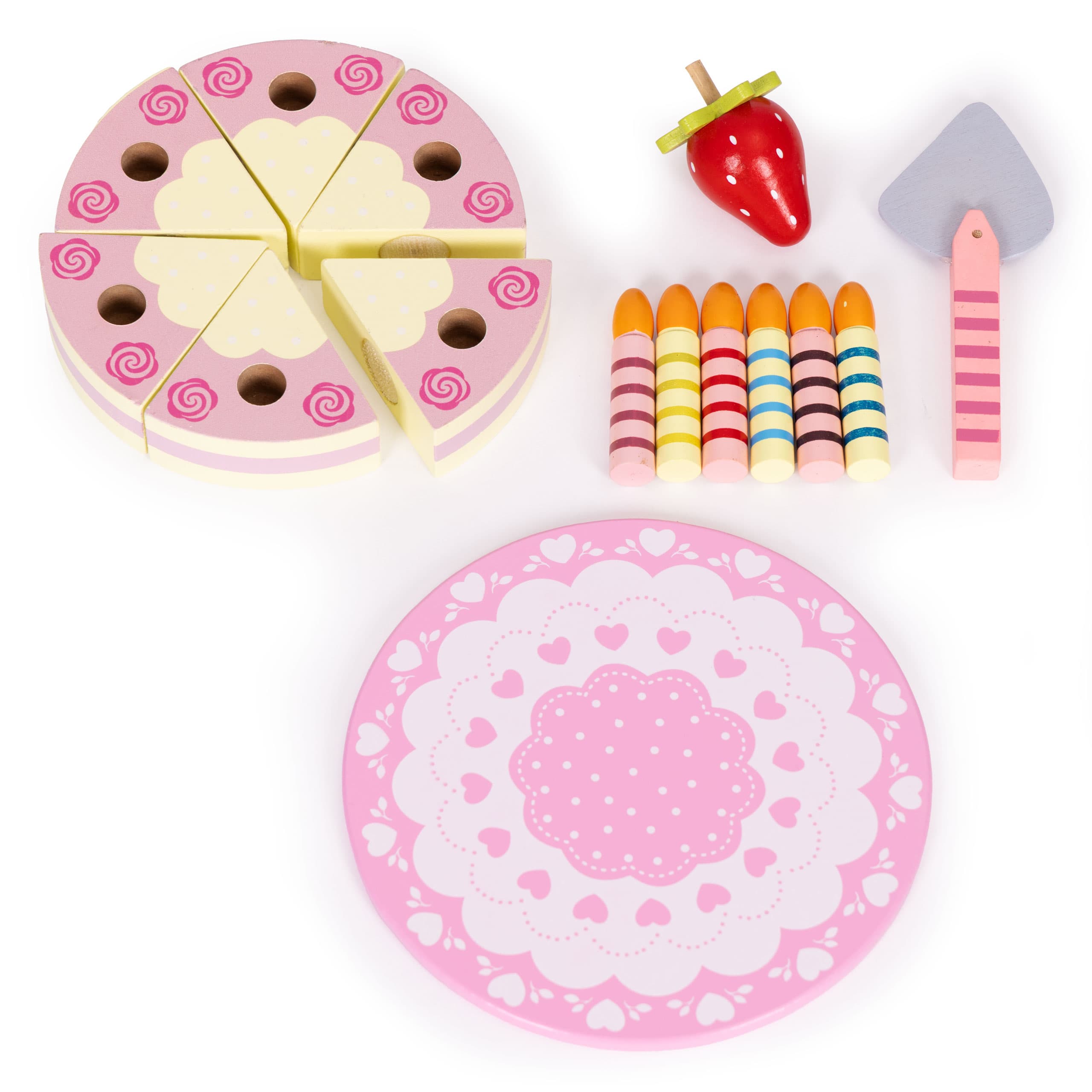 Zestaw drewniany tort na rzepy świeczki owoce dla dzieci 16 elementów ECOTOYS