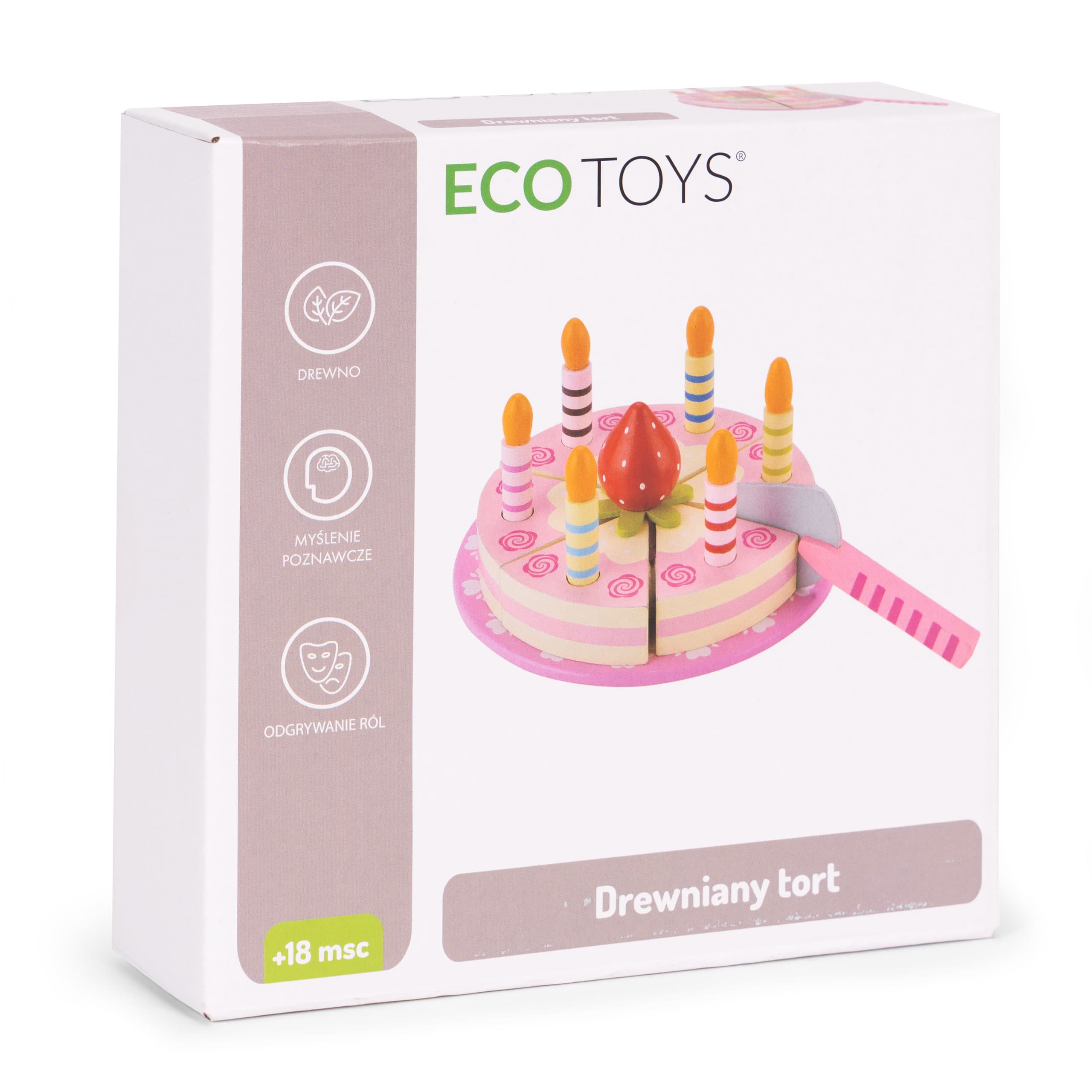 Zestaw drewniany tort na rzepy świeczki owoce dla dzieci 16 elementów ECOTOYS