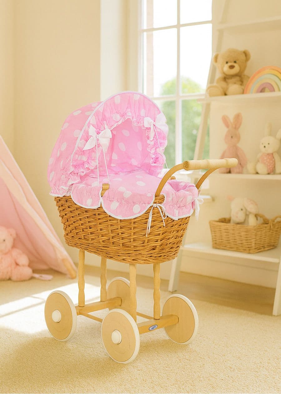 Wiklinowy wózek dla lalek wysoki z różową pościelką i wyściółką- naturalny