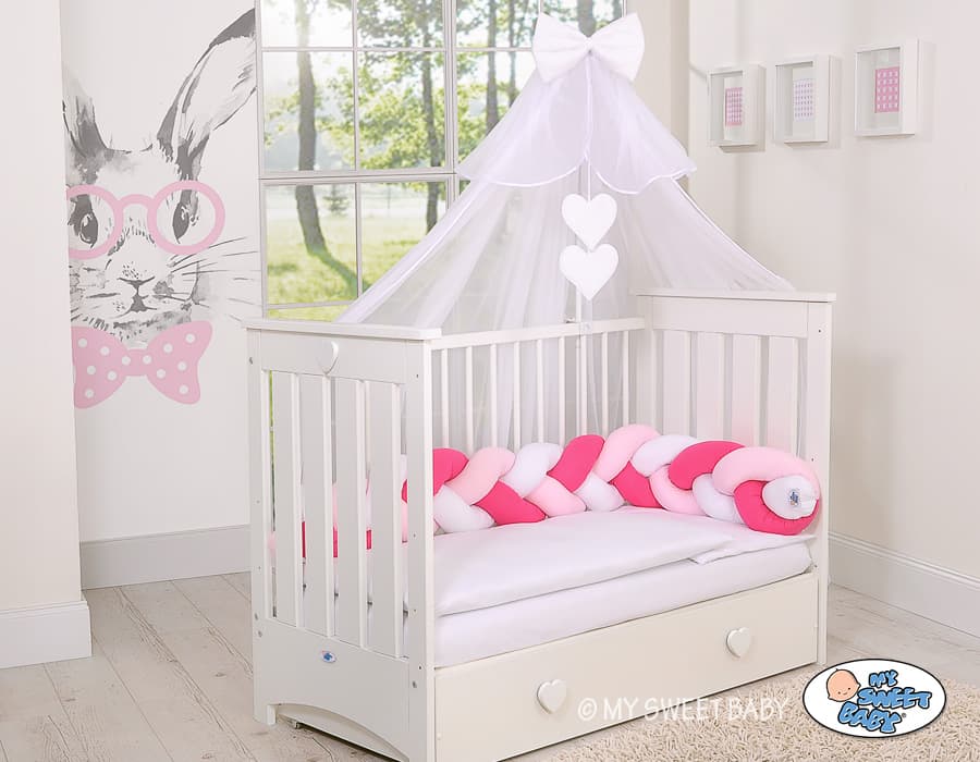 Ochraniacz warkocz pleciony do łóżeczka -   biały-różowy-ciemnoróżowy