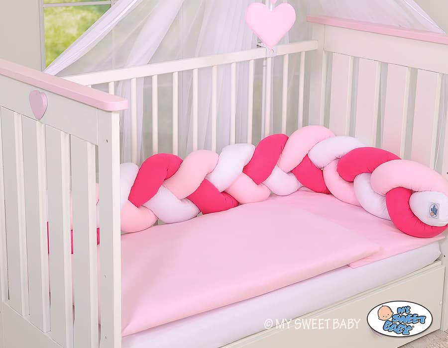 Ochraniacz warkocz pleciony do łóżeczka -   biały-różowy-ciemnoróżowy