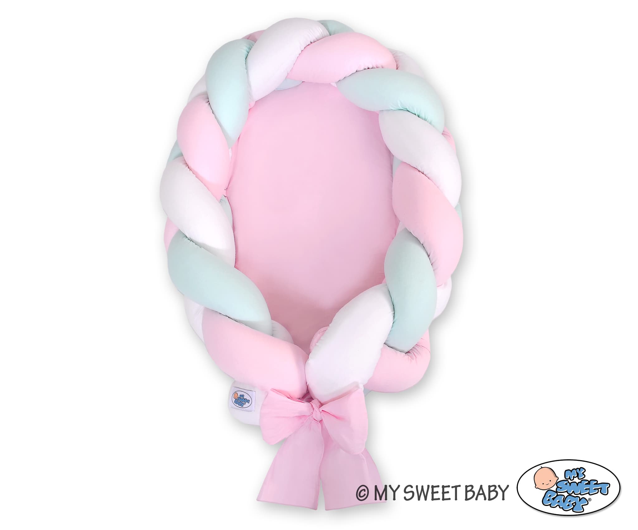 Kokon  niemowlęcy pleciony 2 w 1 - biało-różowo-miętowy