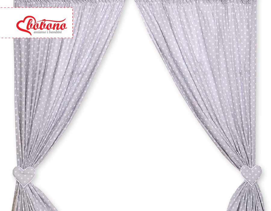 Zasłonki do pokoju dziecięcego- Wiszące serduszka białe grochy na szarym