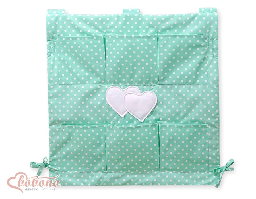 Przybornik z kieszonkami- Serduszka białe grochy na mięcie