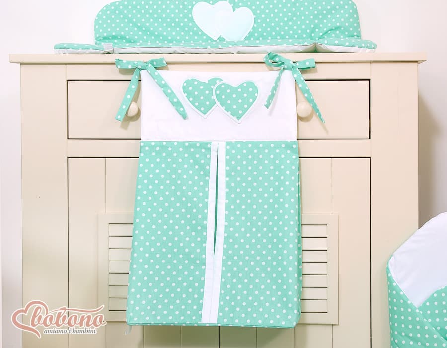 Przybornik- Torba na pampersy- Wiszące serduszka białe grochy na  mięcie