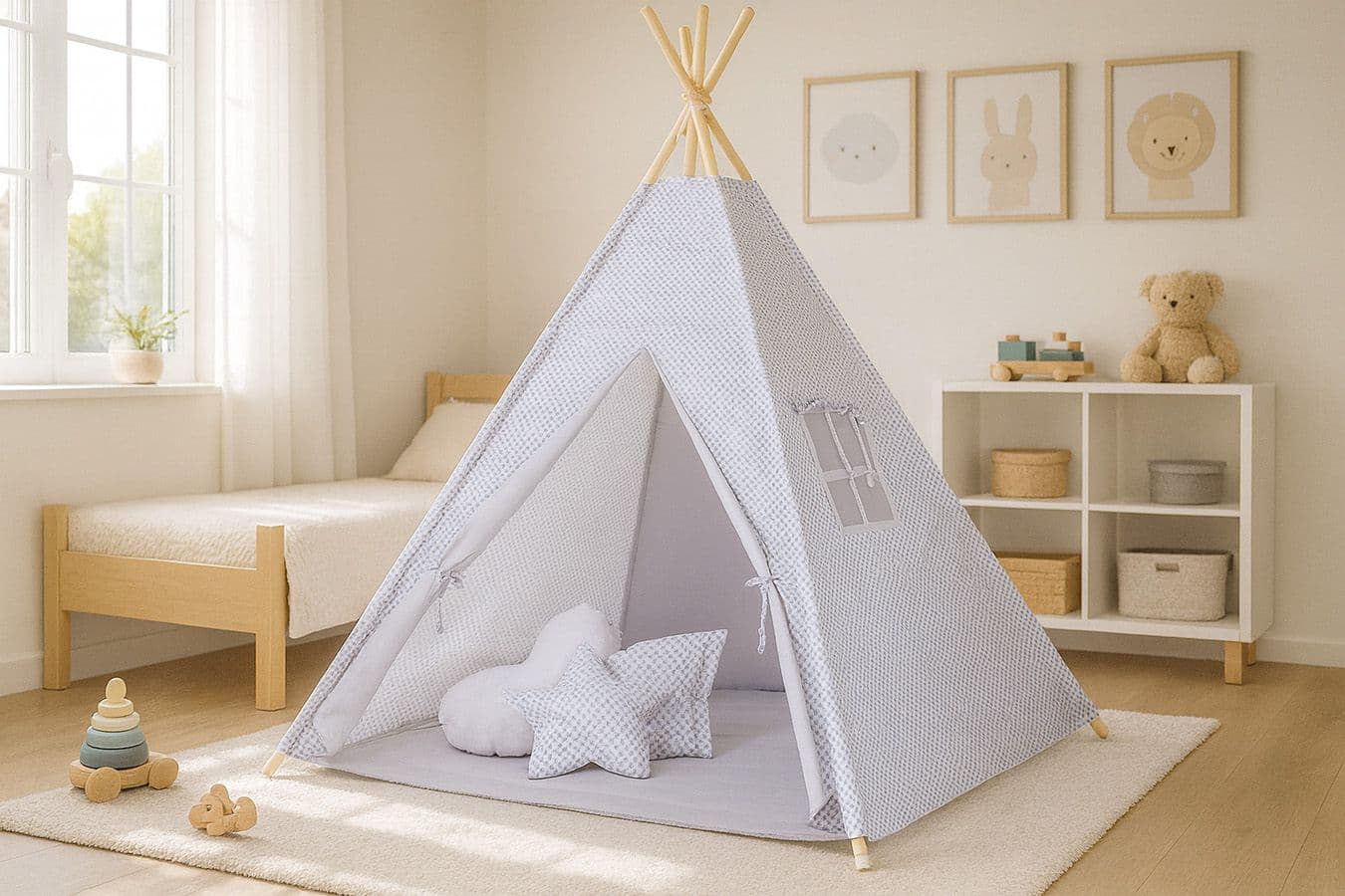 Namiot Tipi dla dzieci+ zawieszki pióra - mini- Rozeta szara