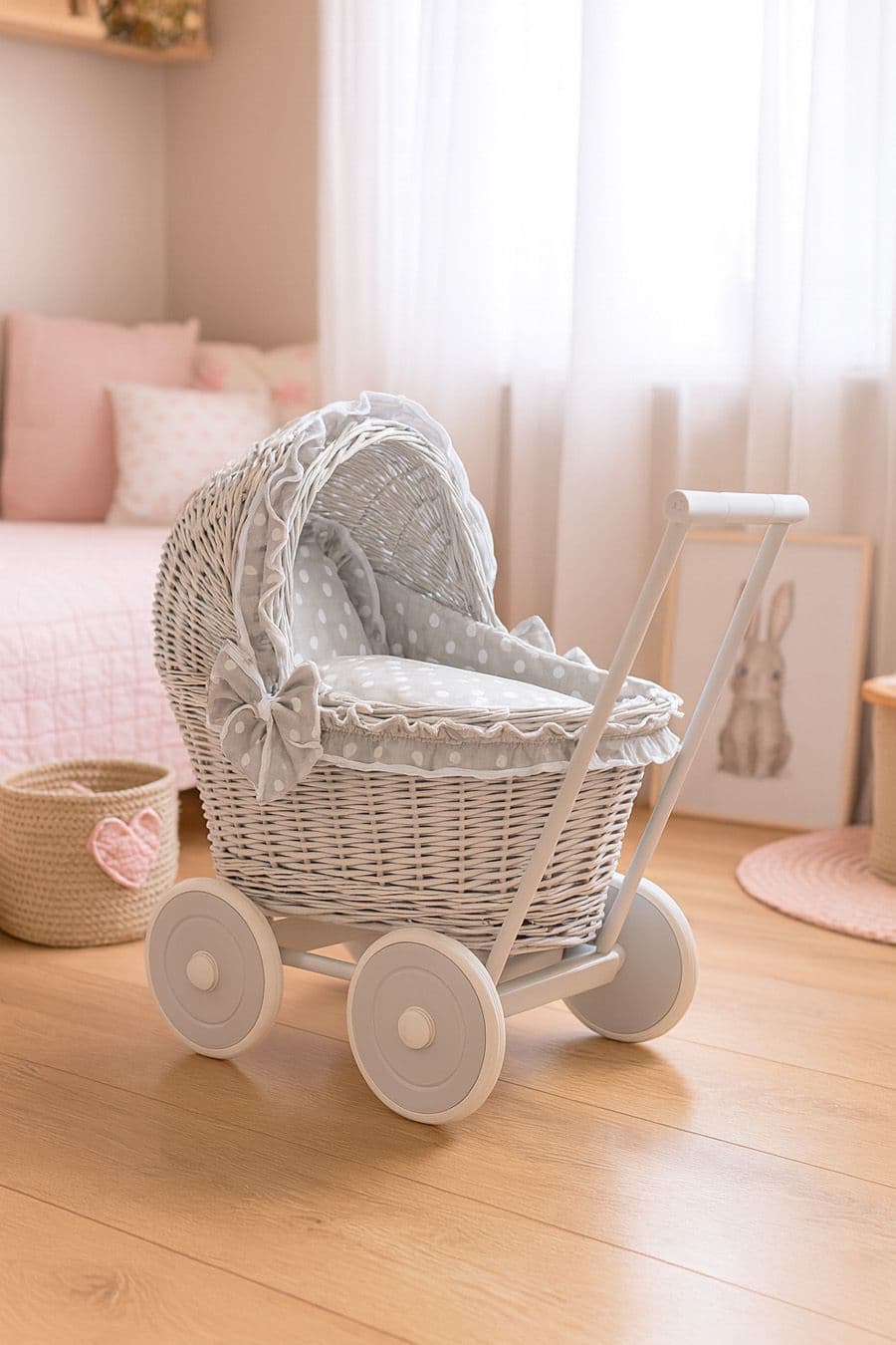 Wiklinowy wózek dla lalek pchacz szary z szarą pościelką i miękką wyściółką