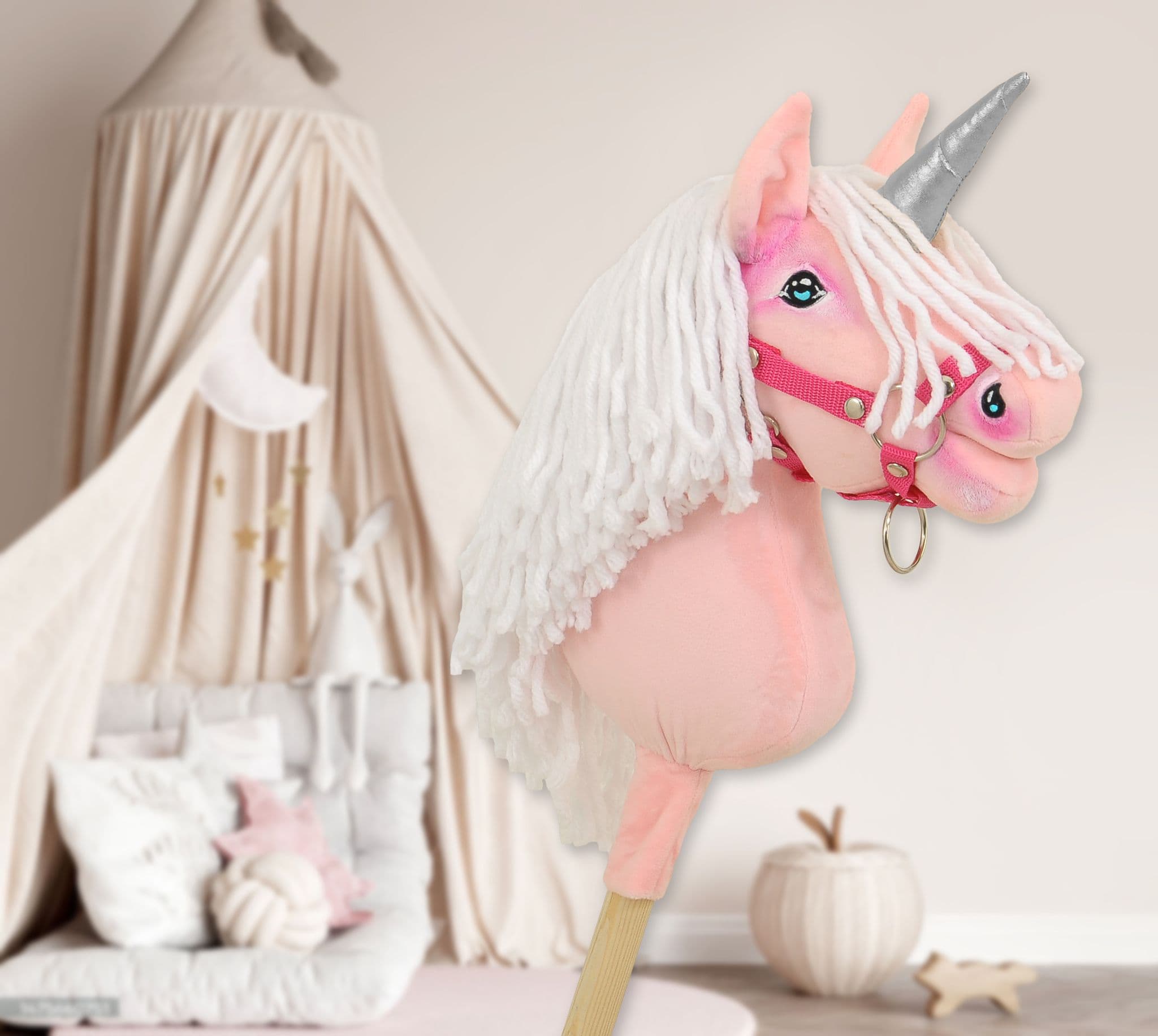 Hobby Horse Jednorożec na kiju mały różowy z białą grzywą i srebrnym rogiem