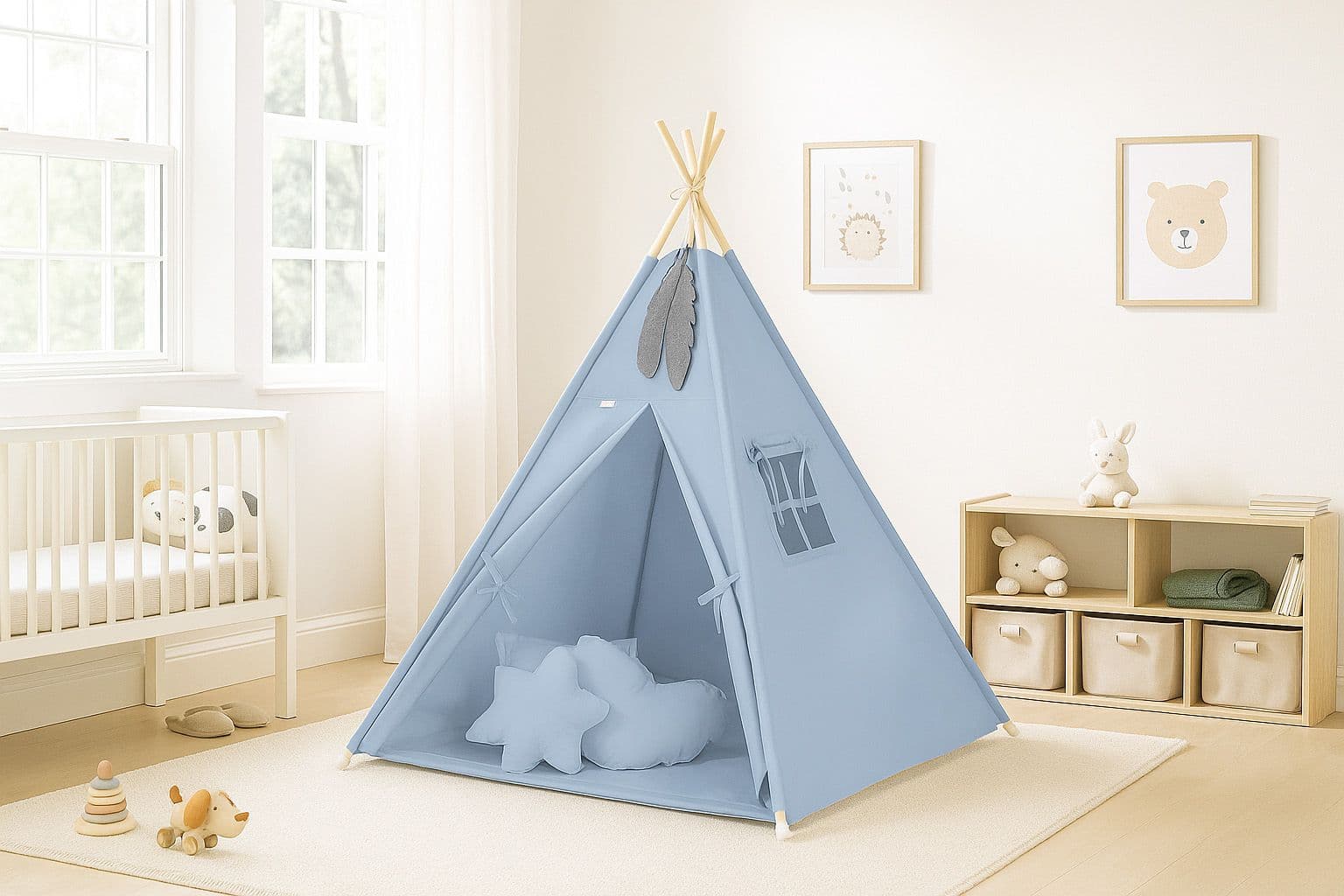 Namiot TIPI dla dzieci +mata + zawieszki pióra - brudny niebieski