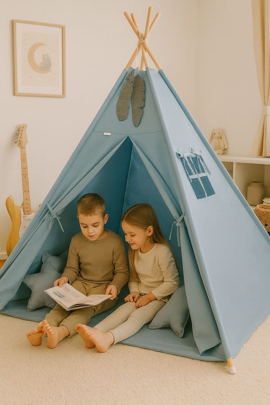 Namiot TIPI dla dzieci +mata + zawieszki pióra - brudny niebieski