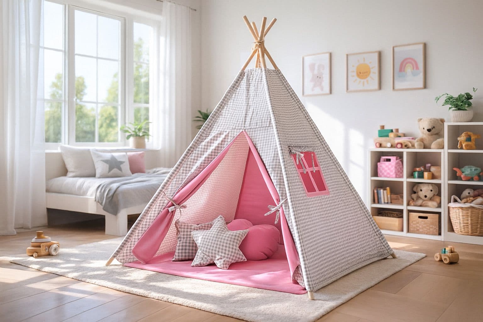 Namiot TIPI dla dzieci +mata + zawieszki pióra - Kratka szara z różem