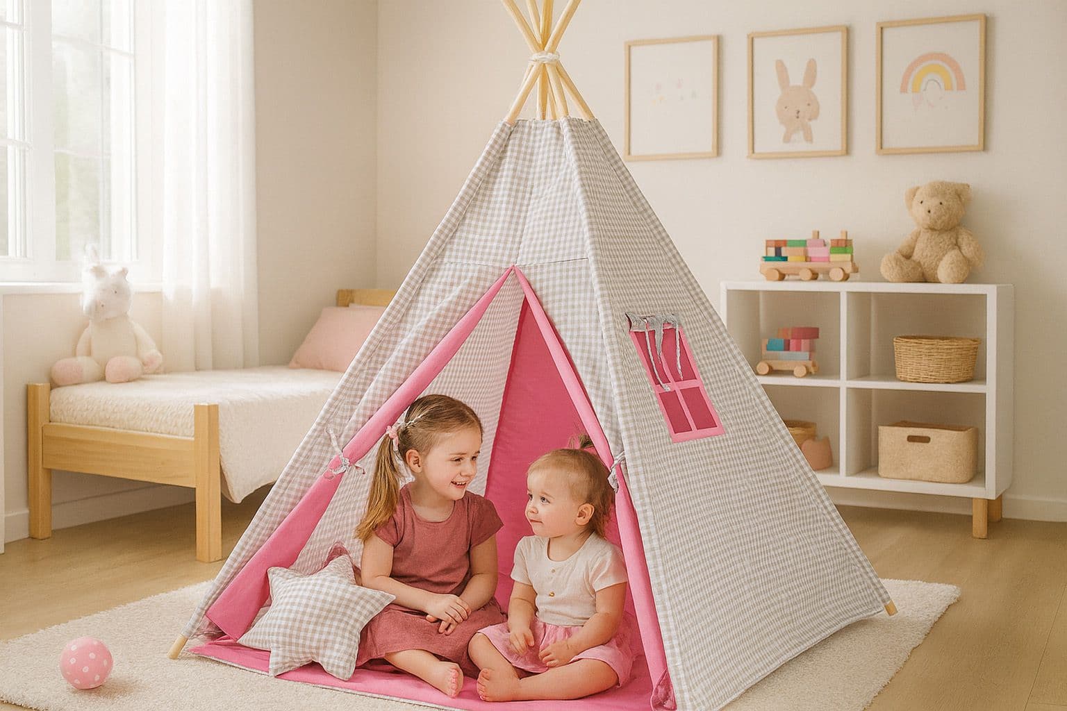 Namiot TIPI dla dzieci +mata + zawieszki pióra - Kratka szara z różem