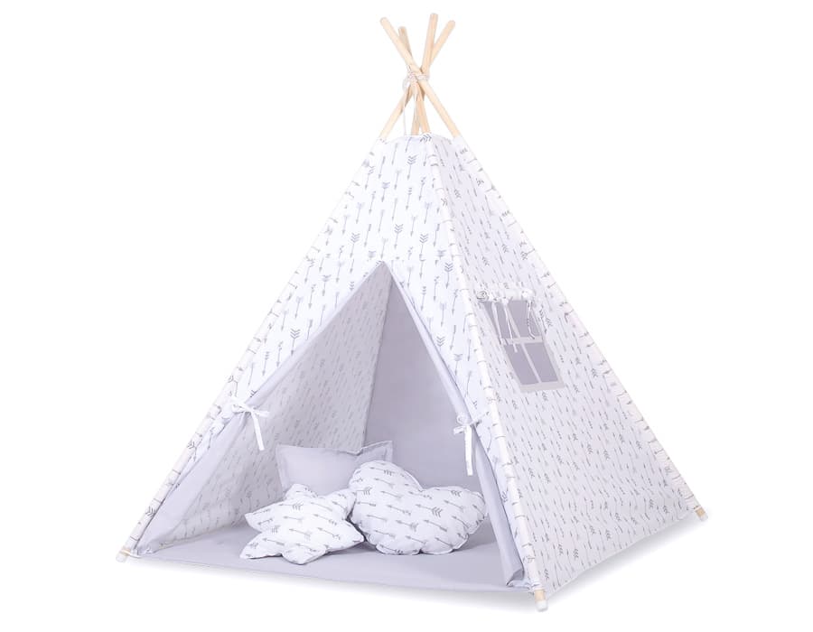 Namiot TIPI dla dzieci +mata + zawieszki pióra -  Szare strzałki/szary
