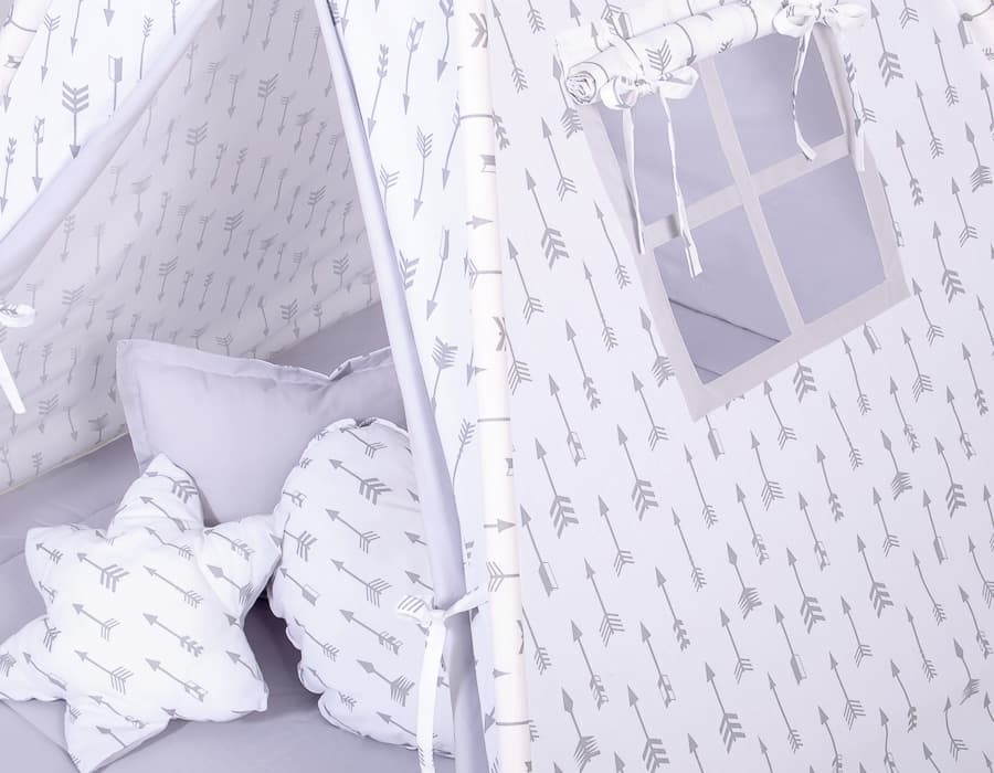 Namiot TIPI dla dzieci +mata + zawieszki pióra -  Szare strzałki/szary