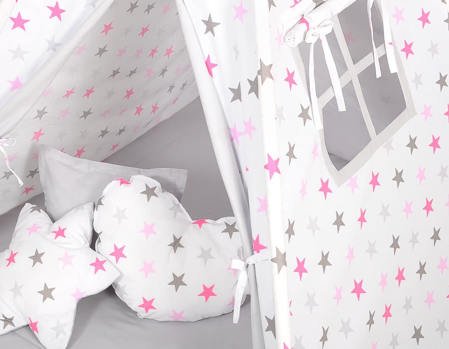 Namiot TIPI dla dzieci +mata + zawieszki pióra -  Gwiazdy szaro-różowe/szary