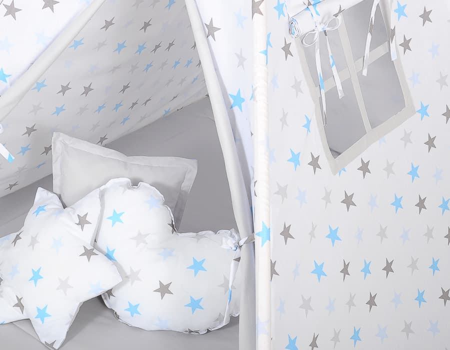 Namiot Tipi dla dzieci + zawieszki pióra - Gwiazdy szaro-niebieskie/szary