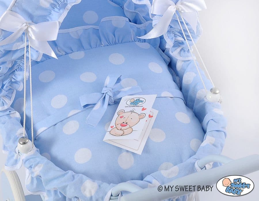 Wiklinowy wózek dla lalek wysoki z błękitną pościelką i wyściółką- naturalny